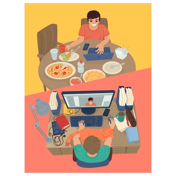 两个人在家里通过电脑视频连接进行交流。和朋友聊天。远程工作。矢量图图片下载