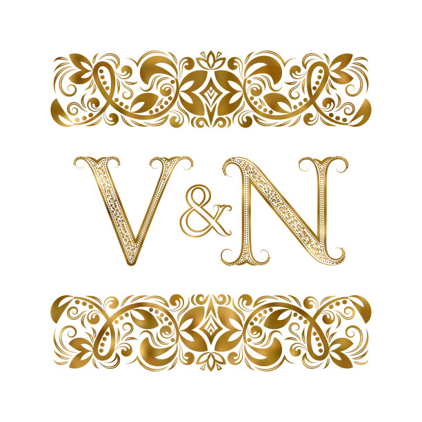 V和N复古首字母符号。字母被装饰元素包围着。皇室风格的婚礼或商业伙伴的字母组合。图片下载