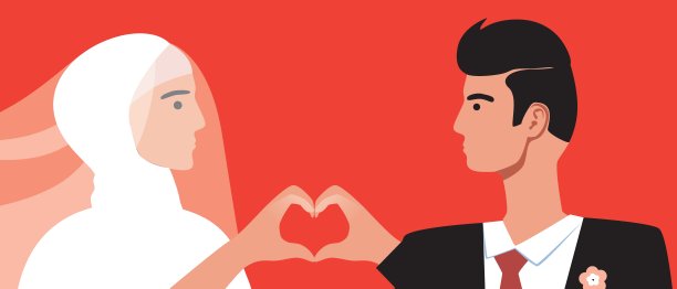 伊斯兰夫妇婚礼当天，平面矢量股票插图与伊斯兰丈夫和妻子在希贾布图片下载