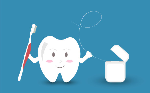 卡通白笑牙，手拿牙刷和牙线，牙齿护理理念图片下载