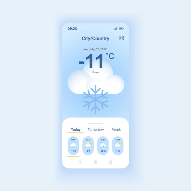 雪天天气预报白天模式智能手机界面矢量模板图片下载