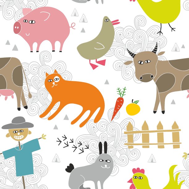 创意无缝背景与农场动物手绘风格。图片下载