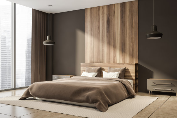 黑暗的卧室内部有大床和全景窗图片下载