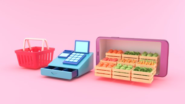 水果和蔬菜摊在手机旁边的收银机和购物篮在粉红色的背景。超市插画设计。3 d渲染。“n”n图片下载
