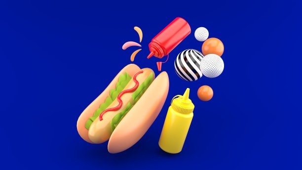 蓝色背景下，热狗被辣椒酱和番茄酱包围着。快餐外卖插画设计。3 d渲染。“n图片下载