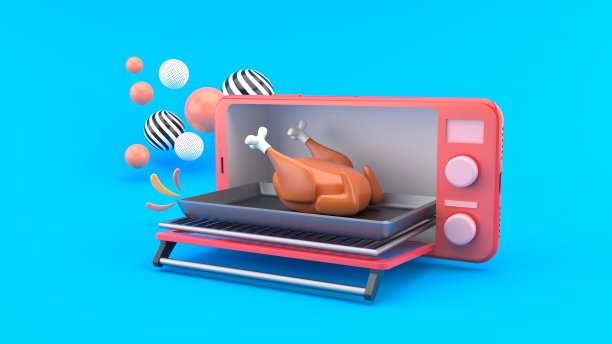 在蓝色背景下用手机拍烤鸡。食品配送插画设计。3 d渲染。“n图片下载