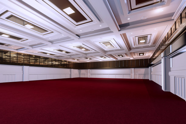 空荡荡的会议厅中心有舞台。展台背景、展台元素。会议室。用于娱乐、音乐会、活动的大竞技场。舞厅。3 d渲染。图片下载