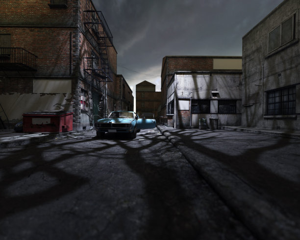 20世纪70年代的老式肌肉车，开着驾驶门，停在一个废弃的黑暗工业区的街道上，斑驳的灯光透过树照进来。3 d渲染。图片下载