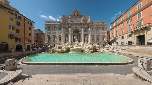 意大利罗马特莱维广场(Piazza di Trevi)，特莱维喷泉(Trevi Fountain)和周围建筑的正面和水池，空荡荡的广场上没有人影图片下载