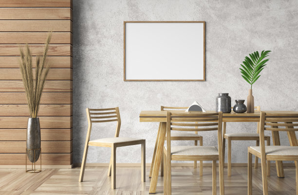 现代公寓室内设计，餐厅框架模型，米色灰泥墙。家庭阁楼设计与桌子和椅子。三维渲染图片下载