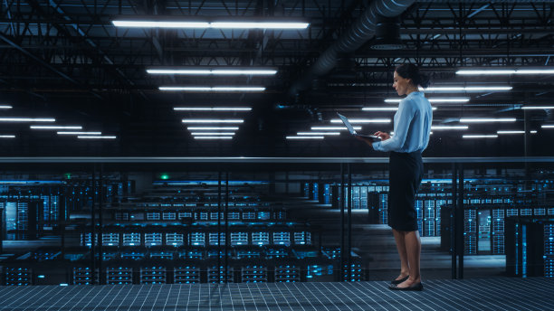 数据中心工程师使用笔记本电脑。服务器农场云计算专家设施与多种族女性系统管理员与数据保护网络为网络安全工作。图片下载