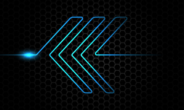 抽象蓝色灯光线霓虹灯箭头方向重叠在深色金属六边形网格图案设计现代奢华未来主义背景矢量插图。图片下载