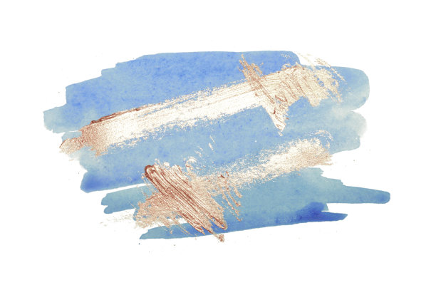 抽象的金色和蓝色水彩污渍在白色的背景图片下载