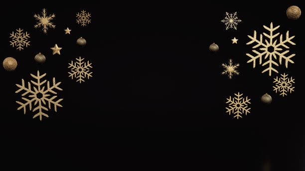 金色的雪花，圣诞树球和黑色背景上的星星。空白的文本- 3D插图图片下载