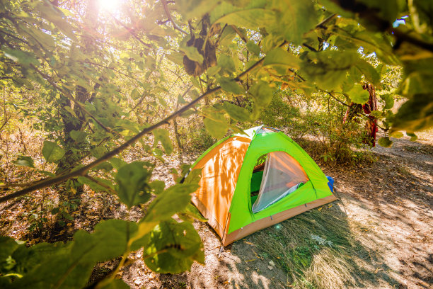 在一个温暖阳光的日子里，一个两个人的半球形帐篷矗立在森林空地的中央。带着帐篷在森林里徒步旅行。高质量的照片图片下载