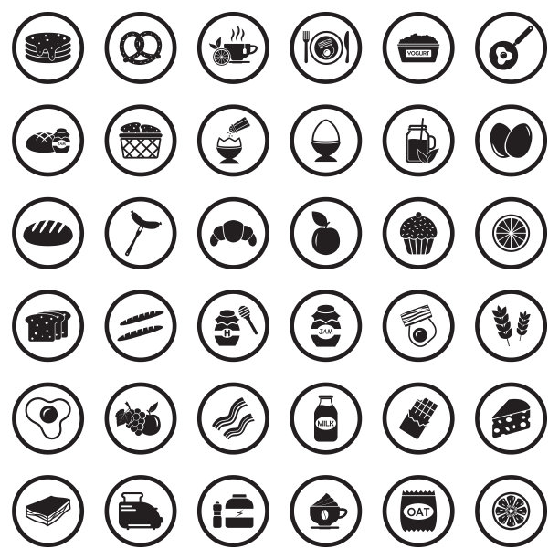 早餐图标。圆形黑色平面设计。矢量插图。图片下载