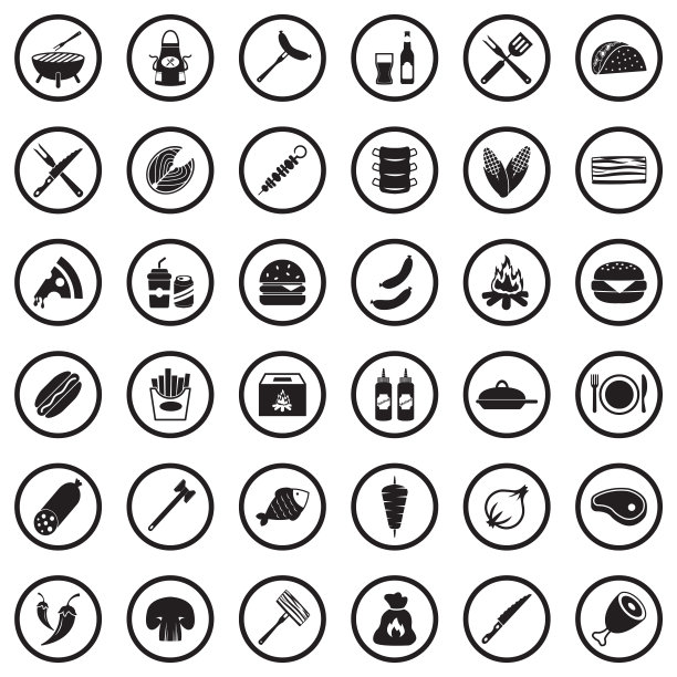 烧烤和烧烤图标。圆形黑色平面设计。矢量插图。图片下载