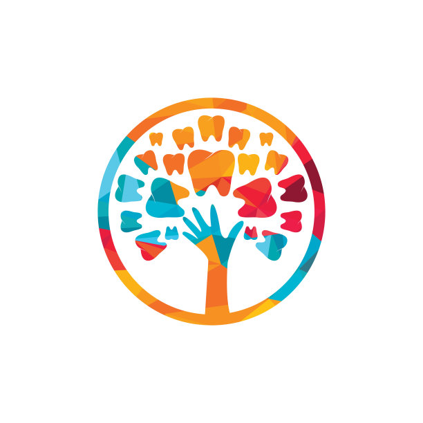 牙科护理矢量标志模板。牙齿和手树图标设计。图片下载