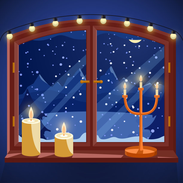 夜晚有冬日景色的窗户。蜡烛，烛台和轻的花环窗台，雪林景观云杉树，向量图片下载