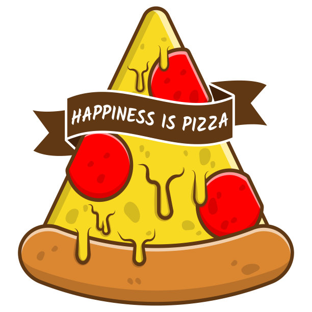 披萨片的标志与丝带和文字的幸福是披萨。滴在披萨片上的黄色奶酪，上面点缀着意大利辣香肠或番茄。快餐矢量插图。图片下载