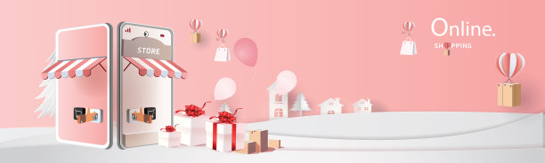 纸艺术购物网上智能手机和新的购买促销粉红色背景旗帜市场电子商务。图片下载