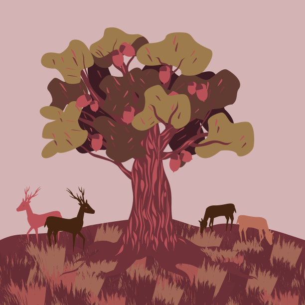 向量橡树模式与鹿。图片下载