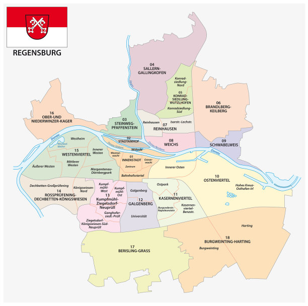 巴伐利亚州雷根斯堡市带有旗帜的行政矢量地图图片下载