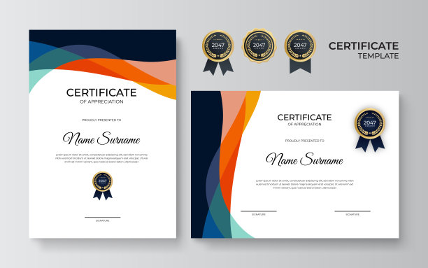 现代优雅的毕业证书模板，带金色徽章的简洁现代证书，具有奢华现代线条图案的证书边框模板，毕业文凭矢量模板图片下载