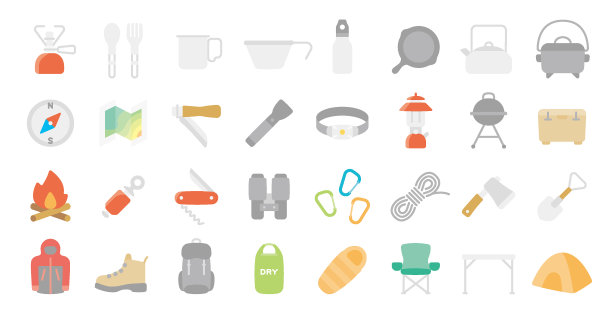 野营和户外装备图标集(单色版)图片下载