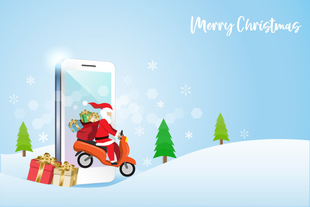 圣诞老人骑着摩托车从智能手机与冬季雪花飘落的背景。图片下载