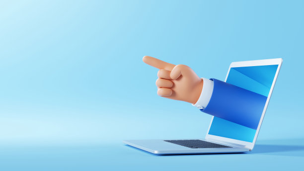 3 d演示。卡通人物商人手伸出手指，伸出笔记本电脑屏幕。商业剪辑艺术孤立在蓝色背景。促进目标的概念图片下载