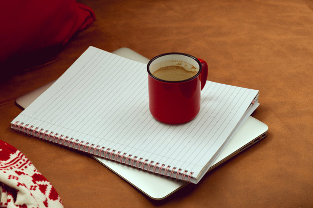 在圣诞节期间工作。在沙发上工作，旁边放一杯咖啡，笔记本和笔记本电脑图片下载