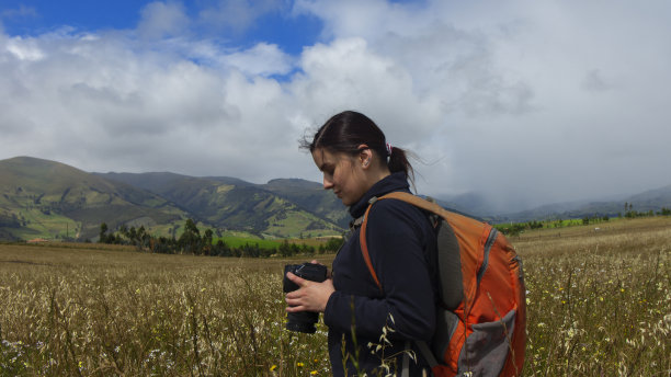 美丽的西班牙裔女性探险家从背后看到的背包回顾照片在她的相机在播种的田地中间图片下载