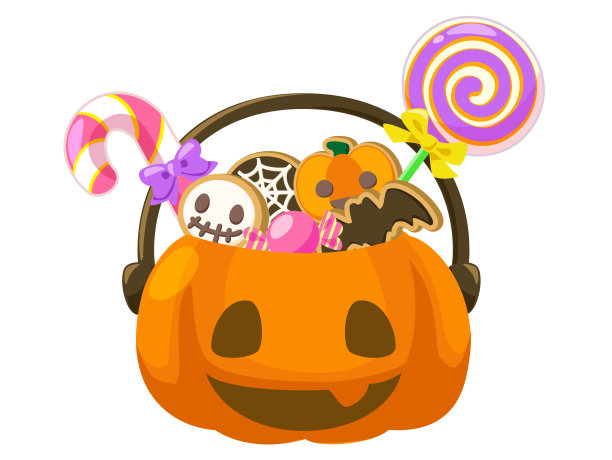 南瓜配万圣节糖果，万圣节材料的图标。矢量图图片下载