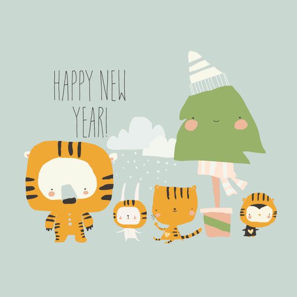 可爱的卡通动物穿着老虎服装庆祝新年图片下载