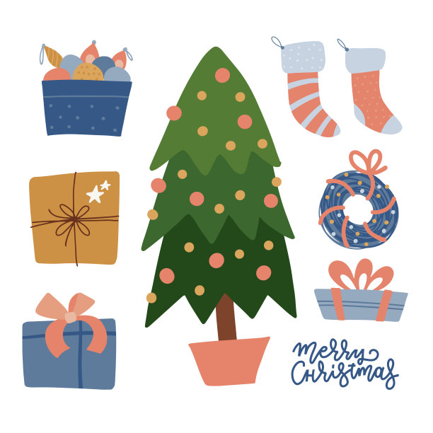 套圣诞节庆祝元素-树，礼物，玩具，袜子，花环，装饰品。冬季收集舒适的家居用品。手绘节日物品。平面向量插图。图片下载