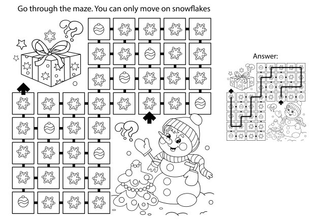 迷宫或迷宫游戏。谜题。彩色页大纲的雪人与圣诞树。新年。圣诞节。儿童涂色本。图片下载