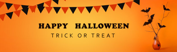 万圣节的背景是红色的瓶子以灯的形式，蝙蝠、蜘蛛、鬼魂，一个花环以黑色和橙色的旗帜的形式在橙色的背景。不给糖就捣蛋。横幅。图片下载