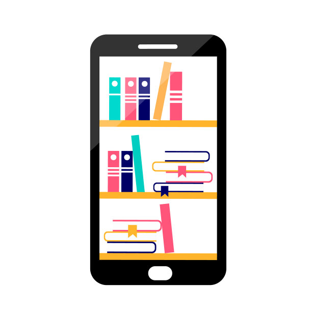 屏幕上有书架的电话插图。为应用程序、在线教育或图书馆设计。图片下载