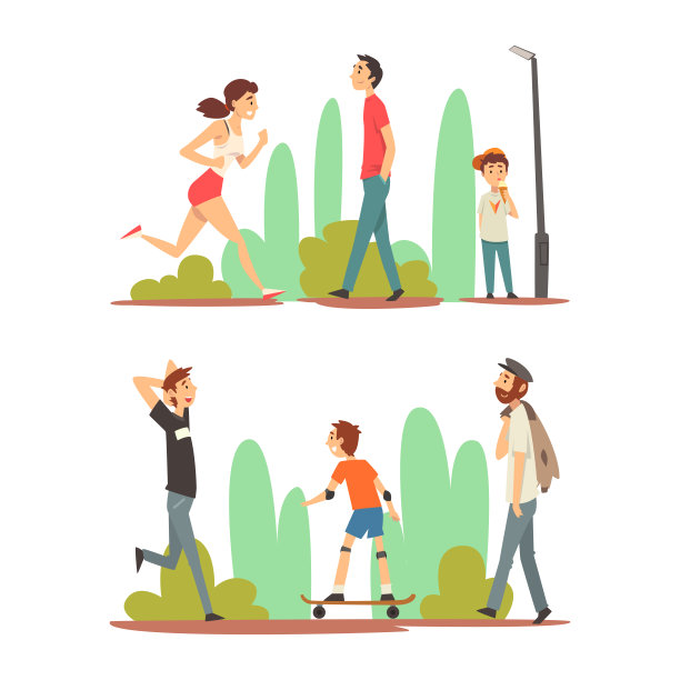 人的性格享受户外散步，跑步和沿小巷道路滑板向量集图片下载