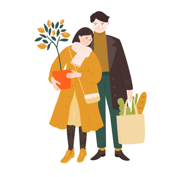买东西回家。年轻女子手持一盆柠檬树，男子拿着一个装着沙拉和面包的袋子。矢量图图片下载