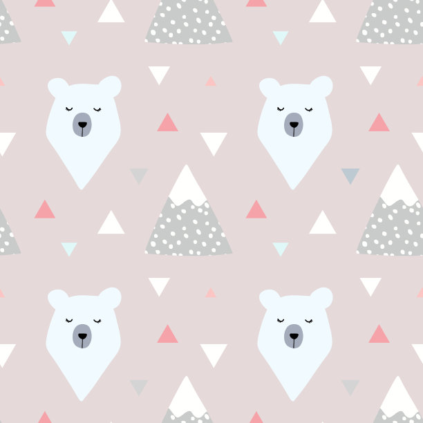 无缝图案与可爱的熊之间的山脉和三角形。为孩子的矢量背景，设计，包装纸，海报，墙纸。图片下载