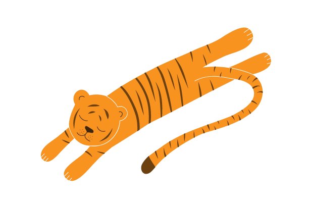 老虎是橘黄色的，呈条状，张开四肢，前前后后地躺着，闭着眼睛。图片下载