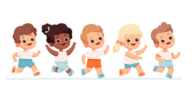 横幅上还有可爱的孩子们互相追逐。学龄前儿童在学校和幼儿园参加跑步比赛或体育运动。图片下载