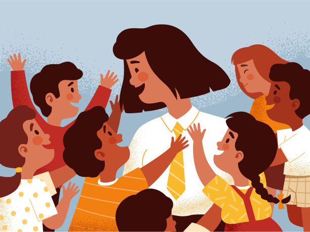 学龄前或学龄儿童见到他们的老师或幼儿园老师并向她求助。男孩女孩们带着许多孩子围着母亲，兴高采烈地向她问好图片下载