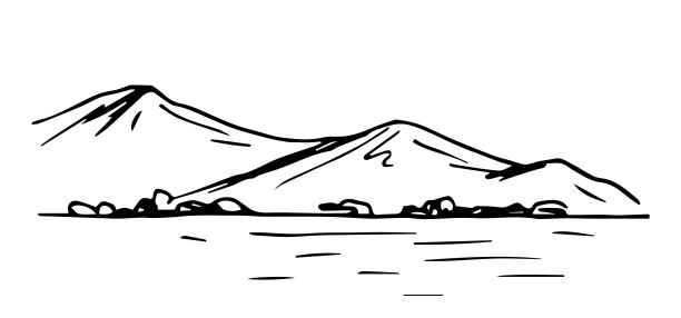 简单的矢量墨水草图。岸边有高山湖泊，灌木丛生，水面平静。风景，自然，旅游和旅游。用于印刷明信片、标签。黑色的轮廓图。图片下载