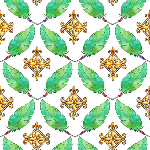 金装饰和绿色羽毛装饰水彩无缝模式图片下载