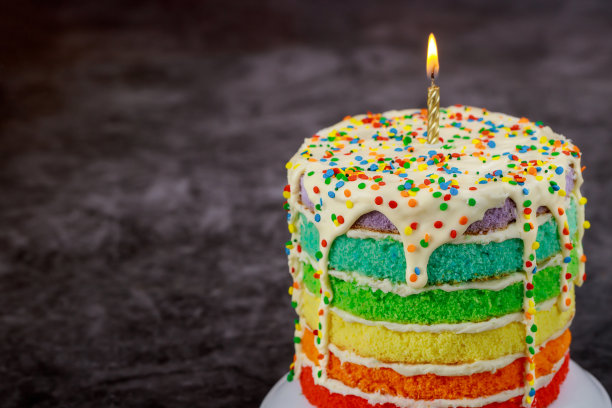 生日蛋糕上有燃烧的蜡烛和糖屑。图片下载