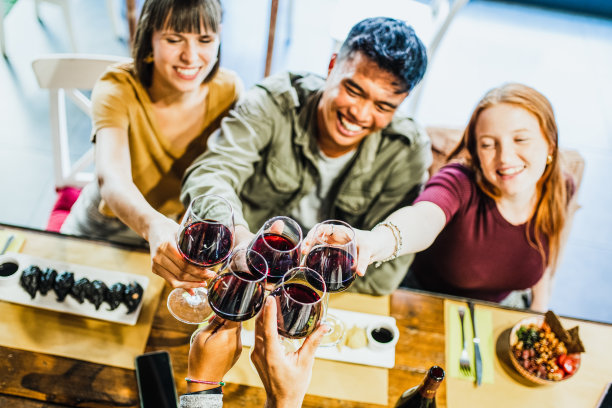 快乐的朋友们坐在餐厅里喝着红酒，人们在庆祝派对上玩得很开心，鲜艳的色彩和对比滤镜图片下载