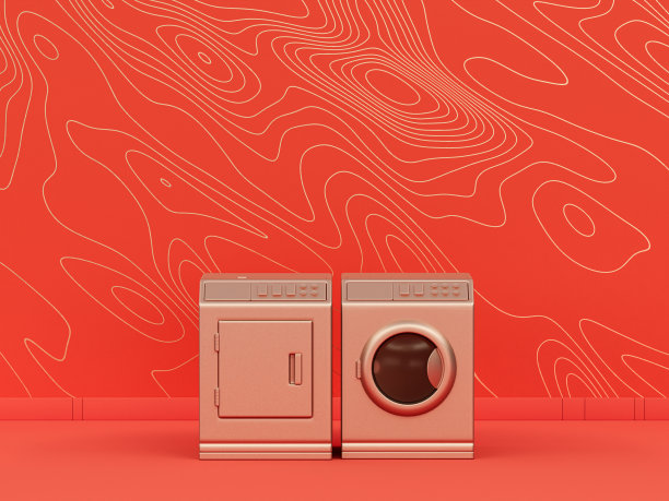 洗衣机和烘干机在橙色背景室内室内波浪图案，单色单色金属金，3d渲染图片下载
